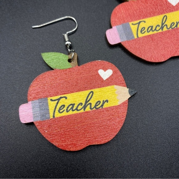 Teacher Red Apple Yellow Pencil Wood Earrings - Picture 2 of 5